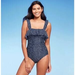 Kona Sol Navy Blue Polka Dot Ruffle Flounce One Piece Swimsuit XL Extra Large